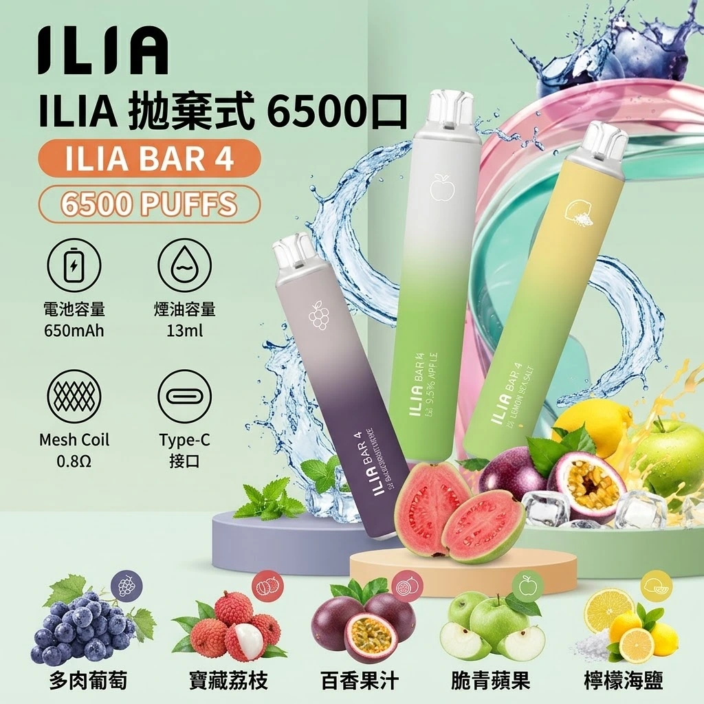 ILIA哩亞拋棄式6500-ILIA-Bar-4-6500puffs-ILIA電子煙官網.webp ILIA 哩啞 4代 6500口一次性電子煙 13ml 24種口味 0.8Ω網狀芯拋棄式霧化棒 台灣現貨:圖片 1