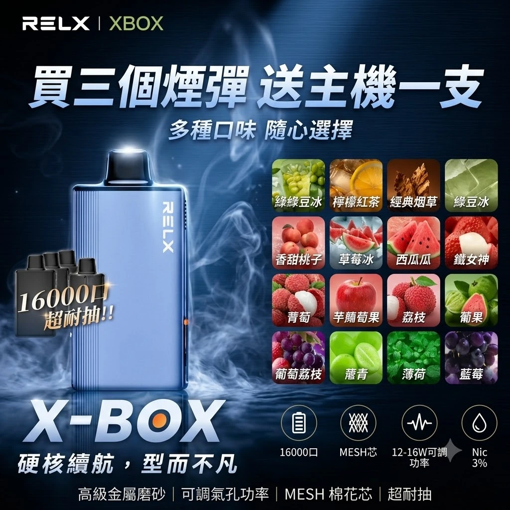 RELX悅刻-x-box-拋棄式16000口-台灣現貨.webp RELX X-BOX 16000口 換彈式電子煙主機 | 高口數煙彈系統 × Mesh霧化輸出 × 買三顆送主機:圖片 1